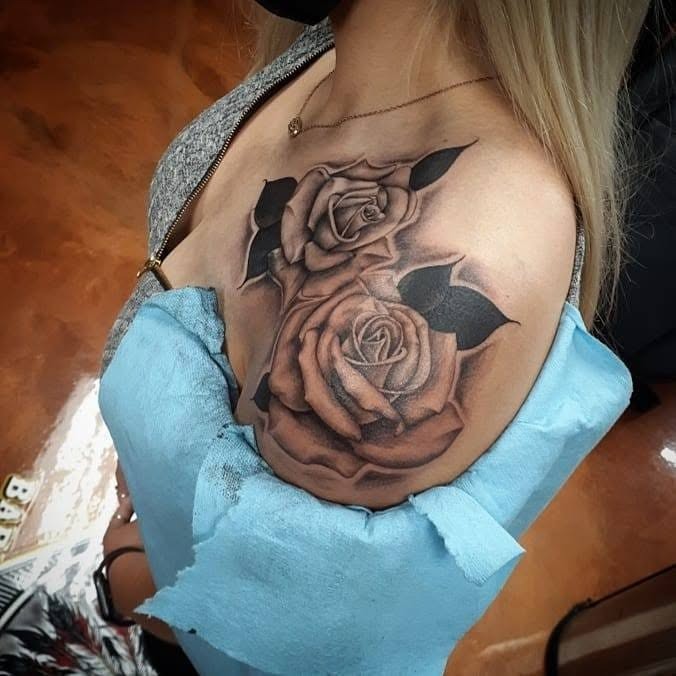 Black & Grey Rose Shoulder Tattoo