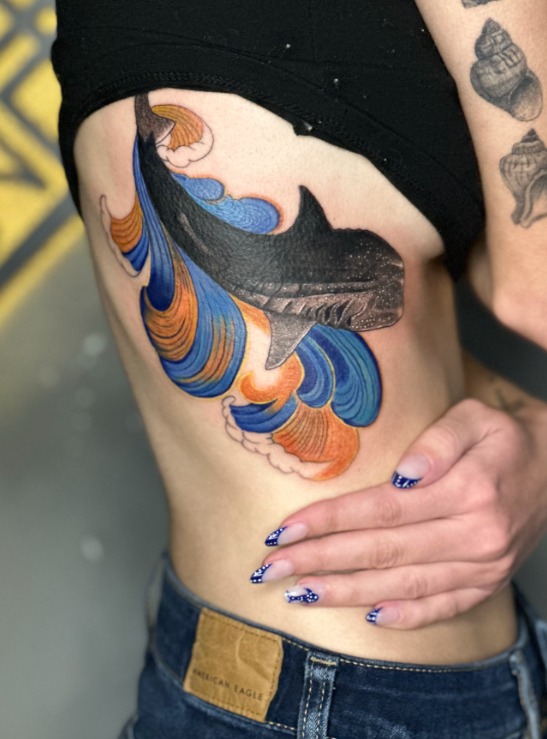Whale Shark Ocean Wave Rib Tattoo
