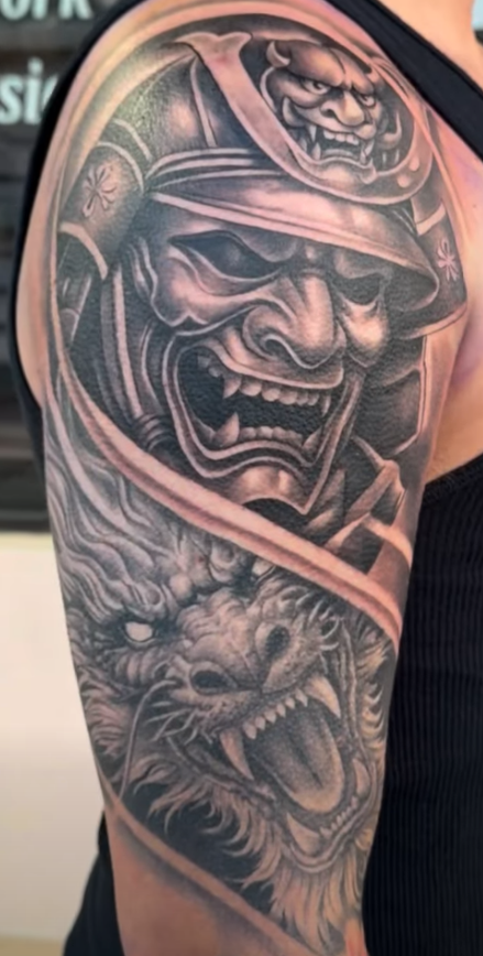 Japanese Samurai Mask & Dragon Tattoo