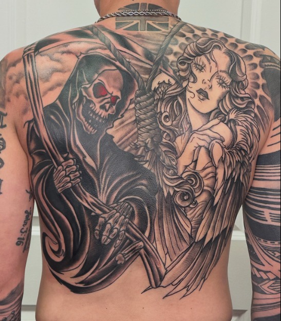 Grim Reaper and Angel Back Tattoo